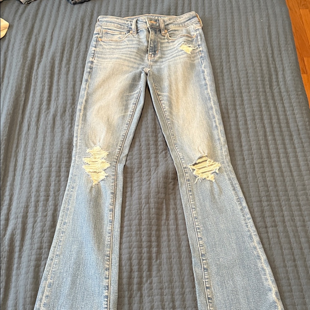 American Eagle Outfitters Distressed Light Blue Wide Leg Jeans